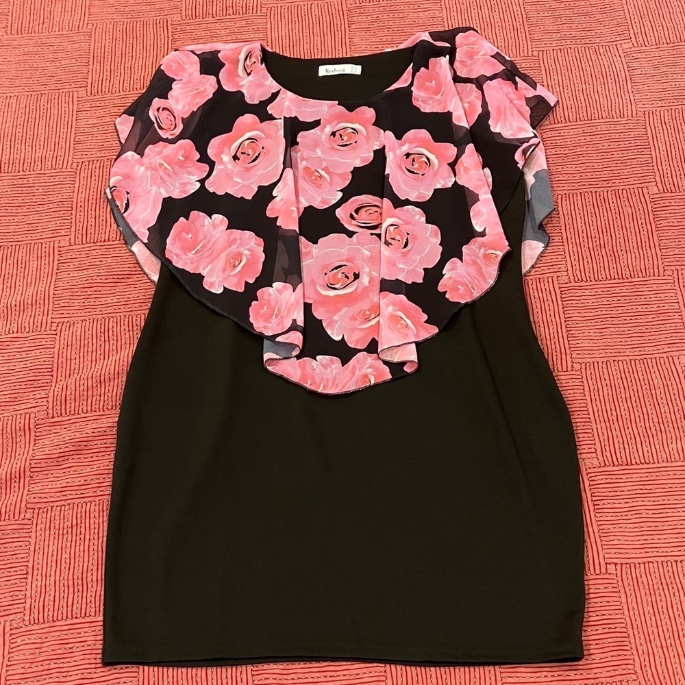 Floral size 14 women’s Black and Pink Midi Dress sleeveless with flowy top